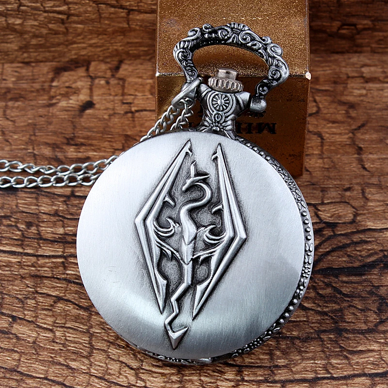 Уникальные серебряные карманные часы для Skyrim часы для мужчин Косплей Дракон Скульптура ретро кварцевые карманные часы ожерелье брелок цепь часы подарок