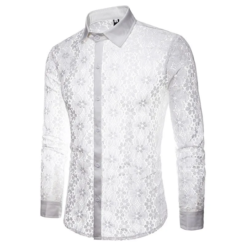 Новинка Весна 2021 Мужская сетчатая рубашка с цветочным рисунком черные белые