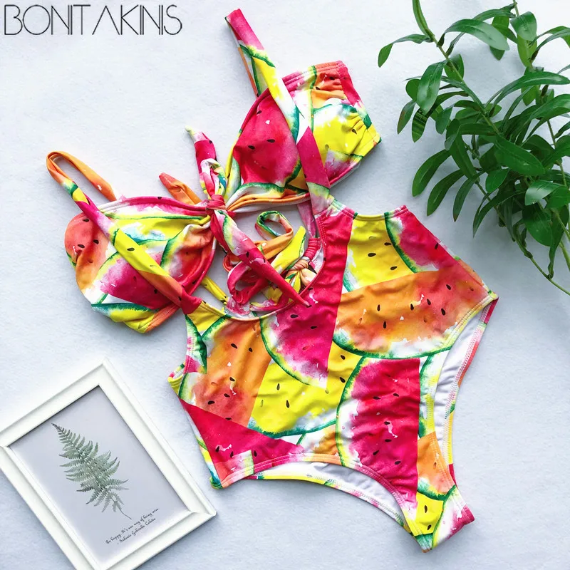 Bonitakinis с фруктовым принтом 2019 бандажные бикини обёрточная грудь купальный костюм