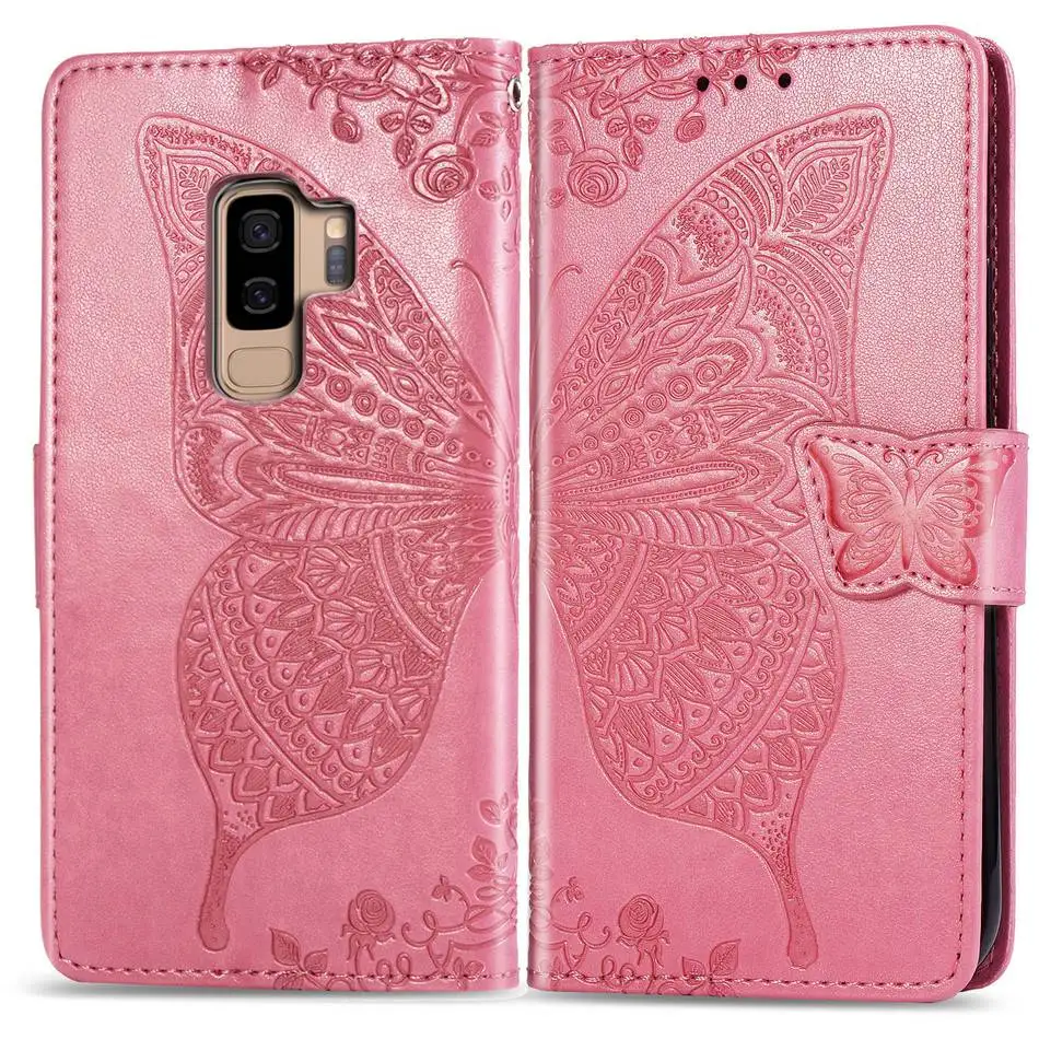 Розовый Кожаный чехол-бумажник с откидной крышкой для samsung Galaxy S8 S9 Plus S7 Edge, чехлы с бабочкой для телефона samsung Note 9 Coque - Цвет: Розовый