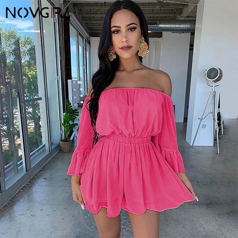 Novgirl Sexy Off Shoulder Chiffion Playsuit Rompers Women 2019 Summer Flare Sleeve Slim Waist Wide Leg Jumpsuit Yellow Overalls | Женская