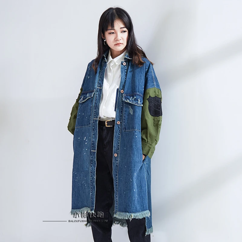 Новое прибытие Корея женские синие джинсовые jackcet отложной воротник Лоскутные