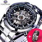 Часы наручные Forsining + браслет, набор из серебристых прозрачных механических мужских наручных часов-скелетонов из нержавеющей стали