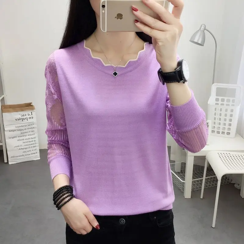 OHCLOTHING 2019New кружевной свитер женская нижняя блуза с длинным рукавом свободная весенняя новая тонкая трикотажная блузка трендовая блузка - Цвет: purple
