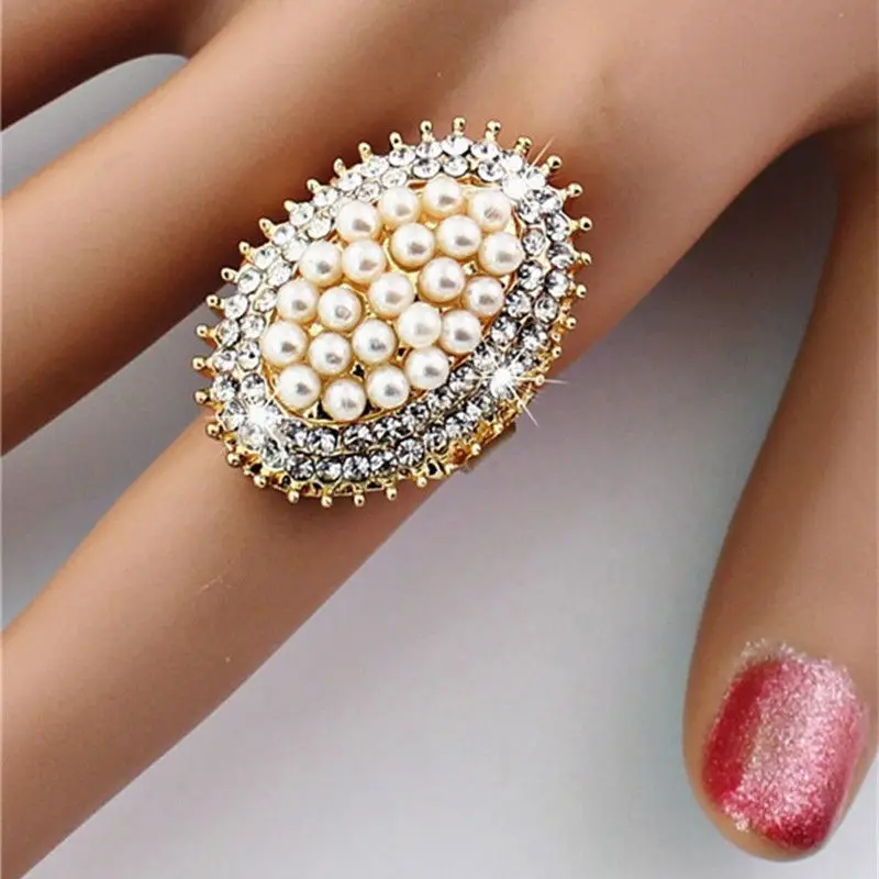 FATPIG модные блестящие стразы искусственный жемчуг кольца для женщин регулируемый