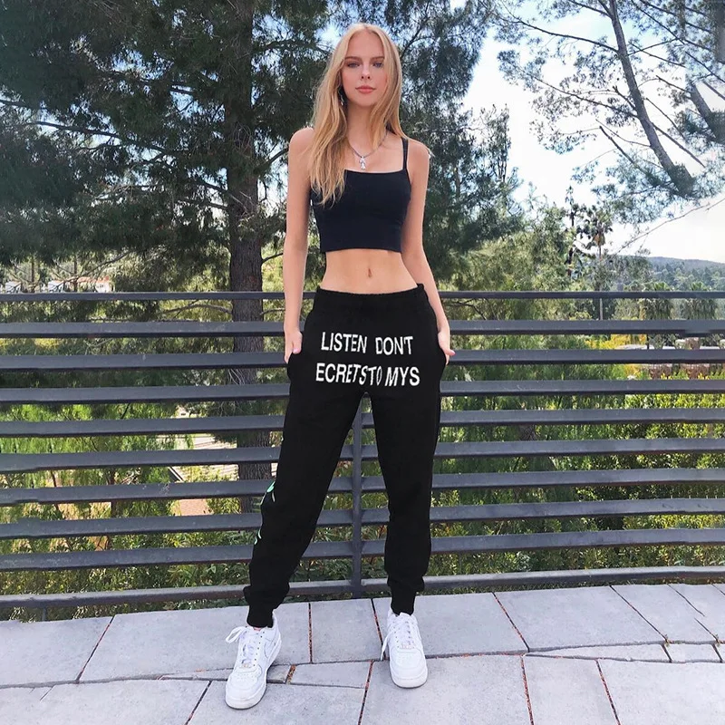 BOOFEENAA/штаны шаровары с буквенным принтом цвет серый черный женская уличная