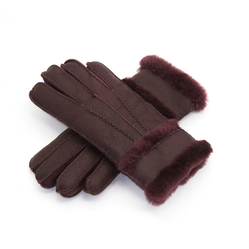 wine red Зимние перчатки из натуральной овчины, женские теплые перчатки из натуральной овчины, кашемир мех, женские перчатки из натуральной кожи - Цвет: wine red