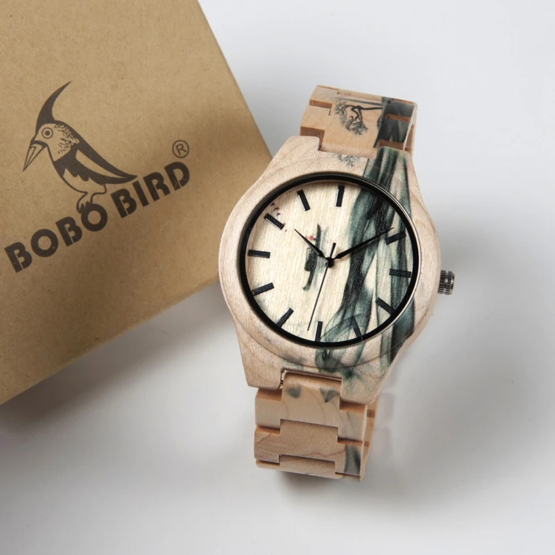 Часы мужские BOBO BIRD деревянные винтажные часы с рисунком наручные деревянным