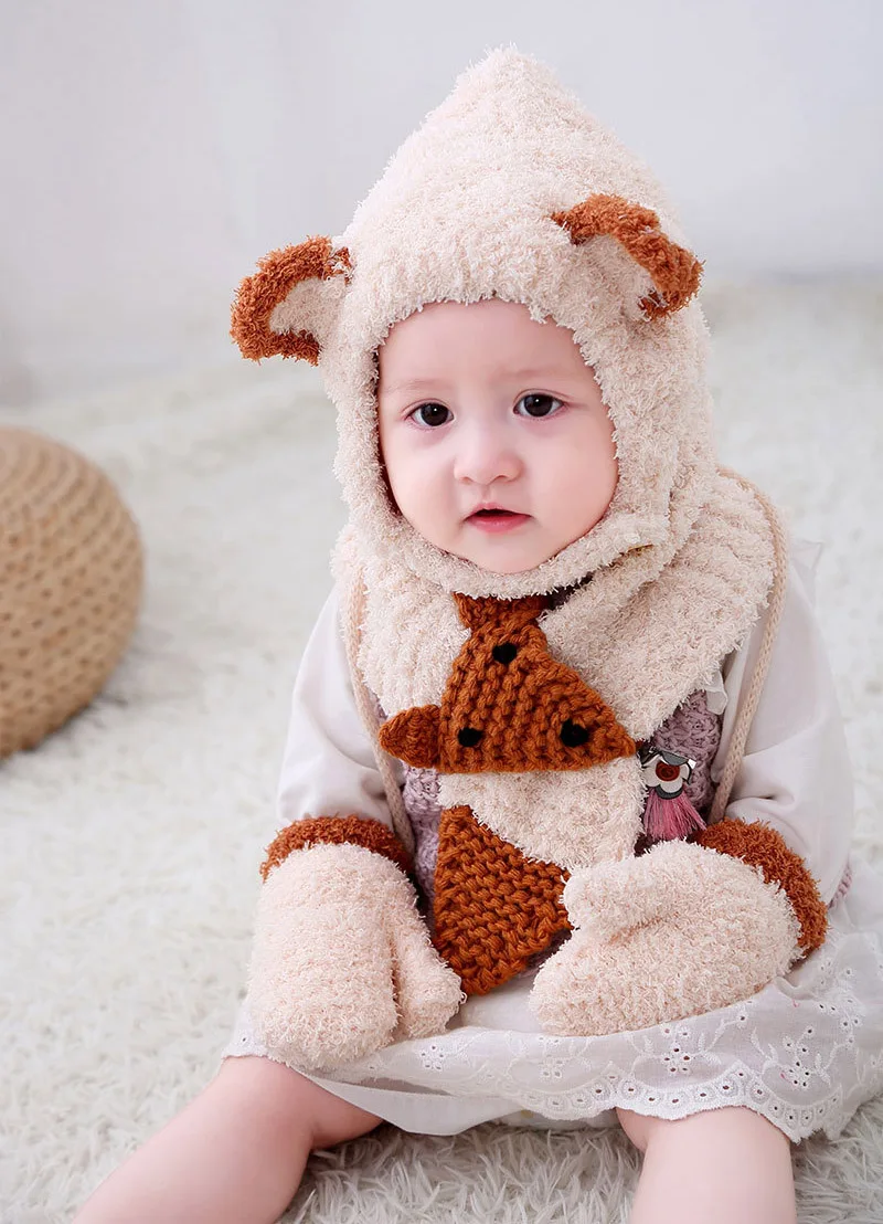 6 months to 3 Years old cartoon fox beanies hats sets wool kids soft winter 3 pcs baby boys girl scarf hat glove set