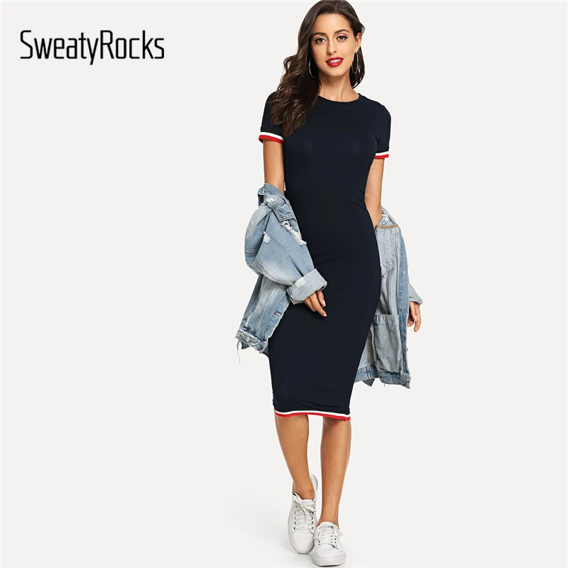SweatyRocks Полосатое платье-Тройник, уличная одежда с круглым вырезом, женская повседневная одежда, новинка, весна-лето, облегающее длинное платье
