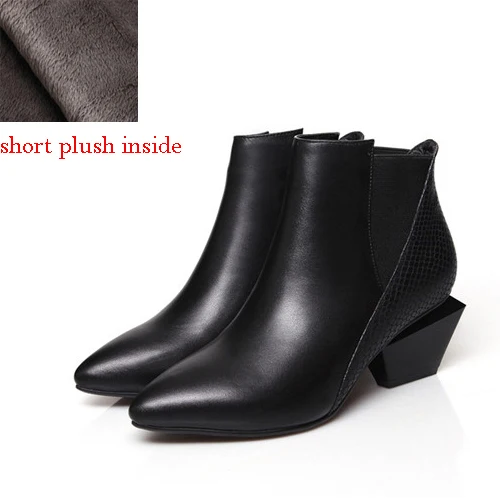 black short plush Ботинки «Челси»; осенние женские ботильоны из натуральной кожи; разноцветные ботинки с острым носком на квадратном каблуке; размеры 34-41; HL02 muyisxi - Цвет: black short plush