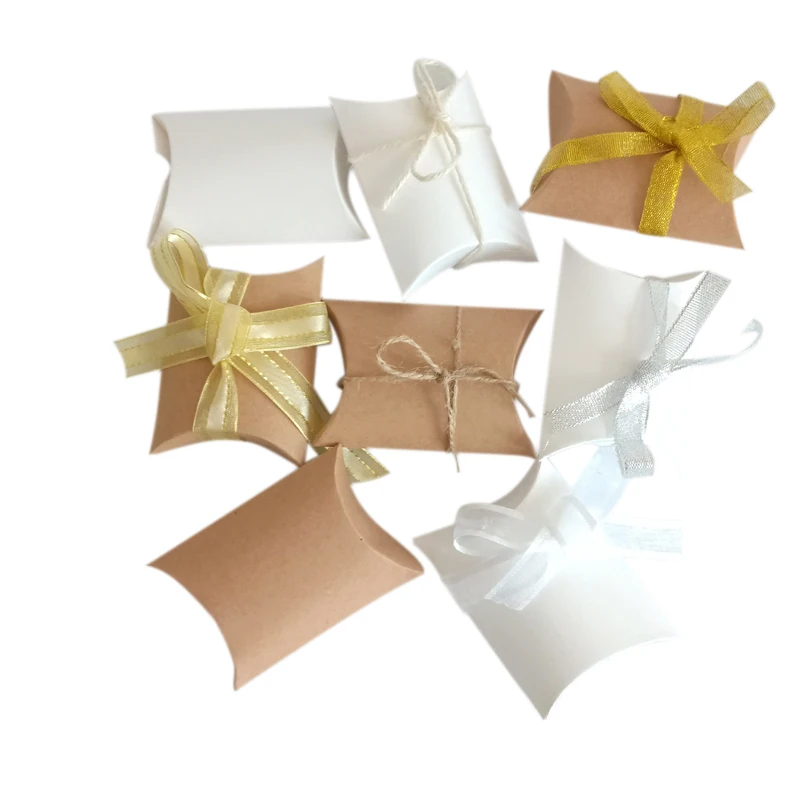 100 Pcs/lot Pillow Shape Kraft Paper Candy Gift bag Box for Packaging Bags ribbon Wedding &amp Party | Дом и сад
