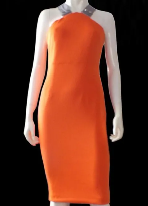 Free Shipping Celebrity Victoria Knee-Length Sleeveless Orange&ampWhite Bodycon Dress Women Party Dresses New Fashion 2014 | Женская
