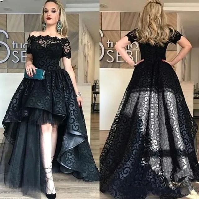 Black Скромные кружевные платья подружки невесты с открытыми плечами и коротким рукавом, сиреневые Свадебные платья для гостей на выпускной - Цвет: Black