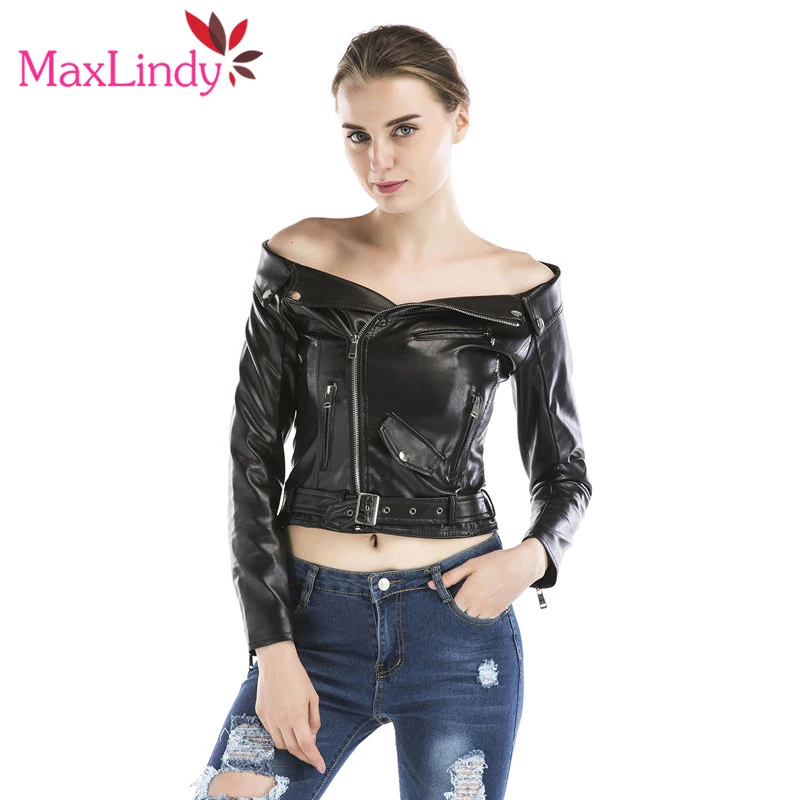 MaxLindy Искусственная кожа куртка Для Женщин Осенние пикантные с открытыми плечами