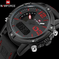 naviforce brand dual display watch men sport quartz led watches leather band analog digital wrist watches 30m waterproof clock