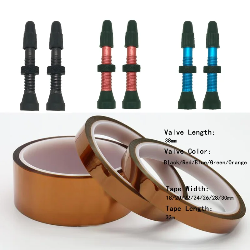

1 Pair Bicycle MTB Road Bike Tubeless Valve 5 Color No Tubes Presta Repair Tape 18/20/22/24/25/26/28/30mm Width 33m Length