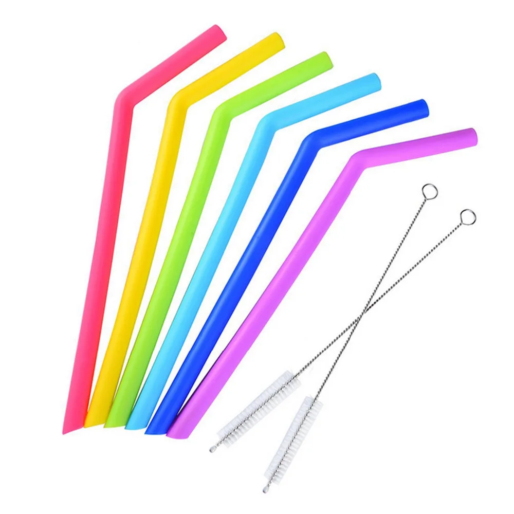 Behogar 6 шт. 25 см Длина Экологичные многоразовые силиконовые трубочки с 2 чистящие