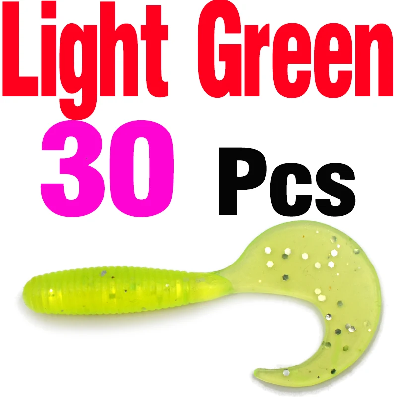 MNFT 30 штук Jig Head мягкие приманки рыболовные рулон хвост червь 6 см 2g воблер с джиг-головкой Плавание Искусственные Силиконовые мягкие приманки - Цвет: 30PCS Light green