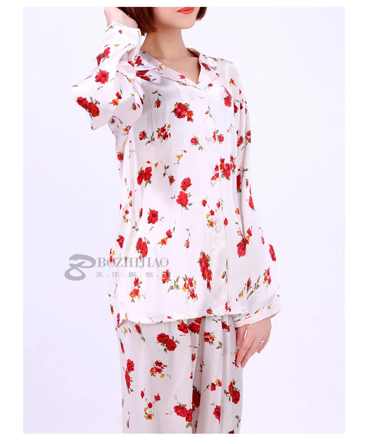 The new large code long-sleeved home furnishing service 100% silk women's two piece set