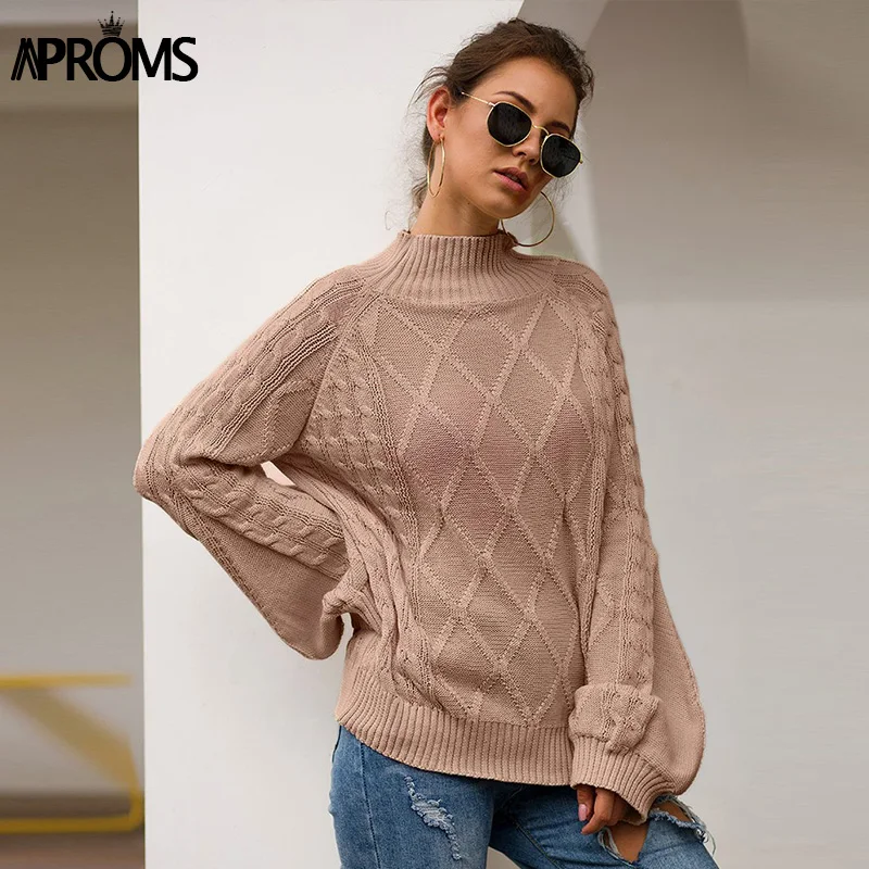 Aproms вязаный свитер с высоким горлом, женский, хаки, длинный рукав, зимний Свободный пуловер, Повседневный, уличная, Женский вязаный джемпер