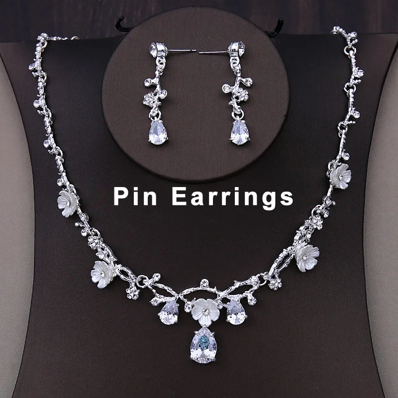 Necklace Pin Earring Свадебные Ювелирные наборы для невесты, Корейская тиара, кубический цирконий, ожерелье, серьги, кристалл, аксессуары для волос, женский головной убор принцессы - Окраска металла: Necklace Pin Earring