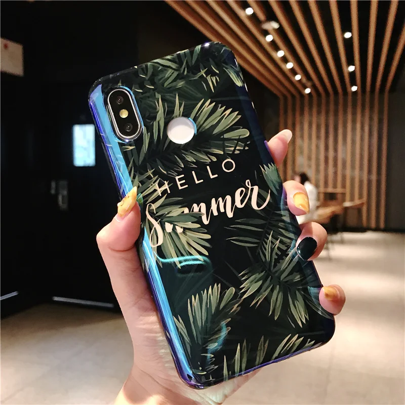 Redmi Note7 Pro Luxury Phone Case Green Pink Leaves ins Hot Style Mobile Cover For xiaom mi 8 A2 9SE redimi note 7 Couqe |