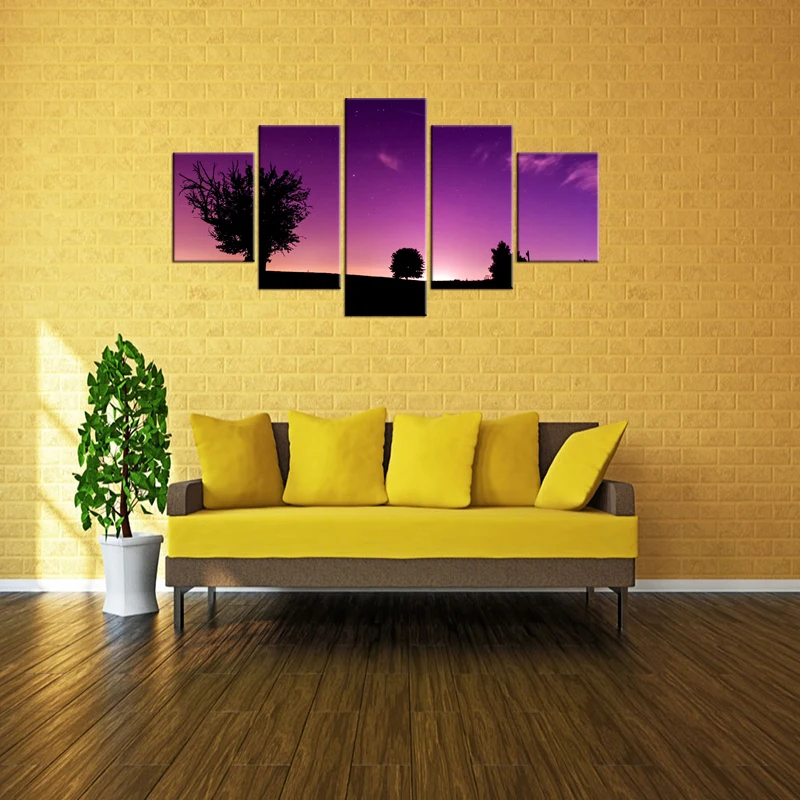5 Pieces Free Shipping Wall Painting Canvas Tree in Sunset Purple Decorative Art for Living Room Decor Framed | Дом и сад