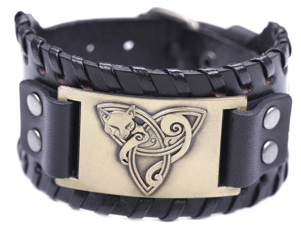 LIKGREAT Viking ювелирные изделия кожаный браслет лиса Triquetra Fenrir животное подросток Волк троица вера благословение манжеты браслеты Кнопка - Окраска металла: 7