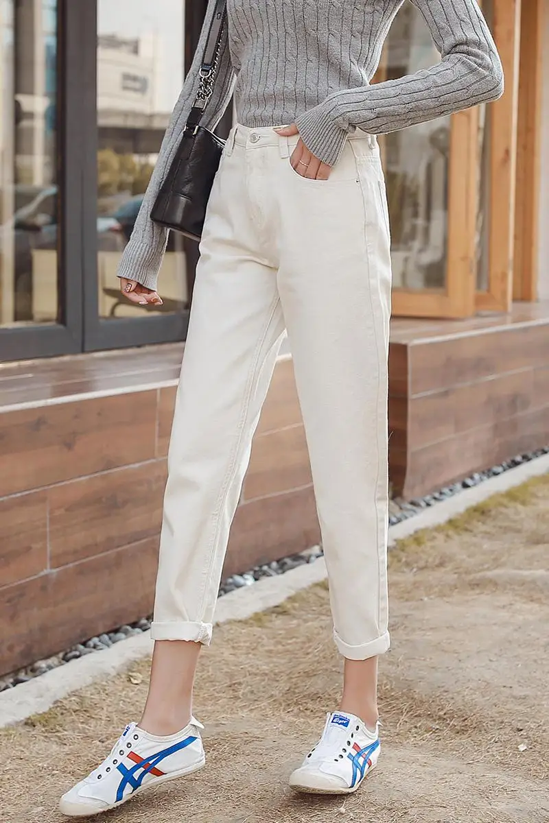 GUUZYUVIZ Jean Femme Taille Haute повседневные свободные белые джинсы для женщин весенние базовые винтажные джинсы бойфренды женские джинсы - Цвет: Aprioct