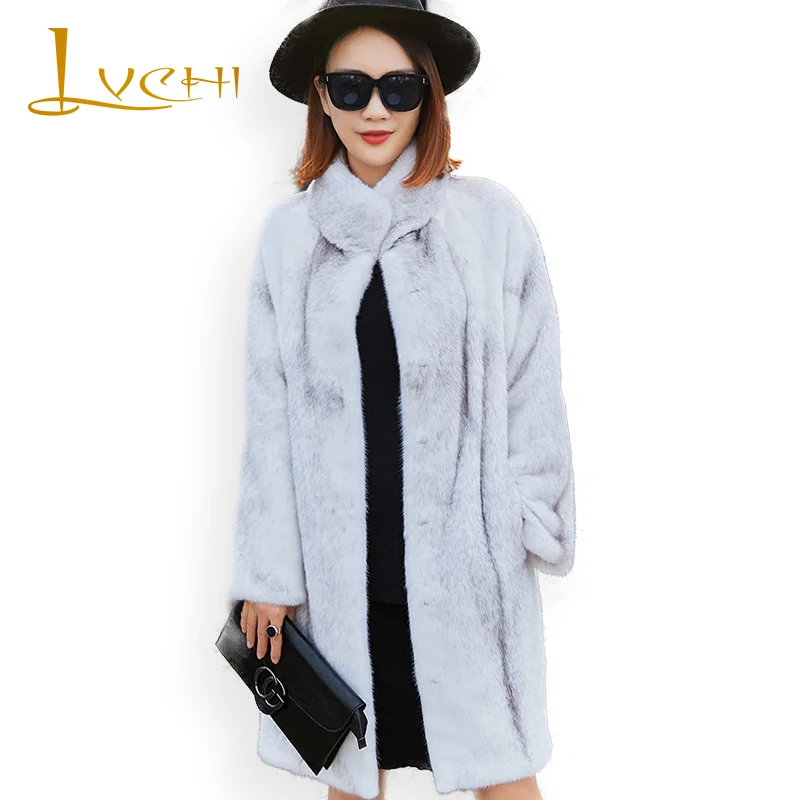

LVCHI Winter 2019 Import Swan Mandarin Collar Cross Mink Coat Natural Fur Coat Women's Long Sleeve Causal Loss Skirt Mink Coats