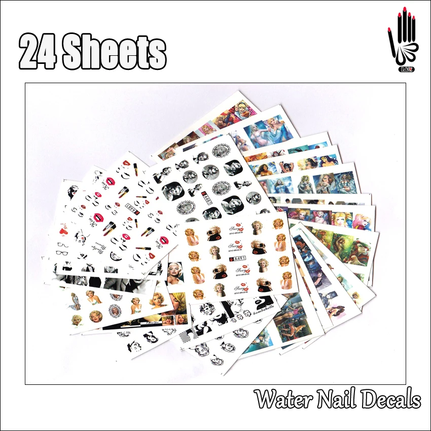 

For Nail 24Sheets/Lot Mix Monroe Cartoon Sexy Gril Fashion Lady Nail Art Water Sticker Decal For Nail Art Decoration 24A491