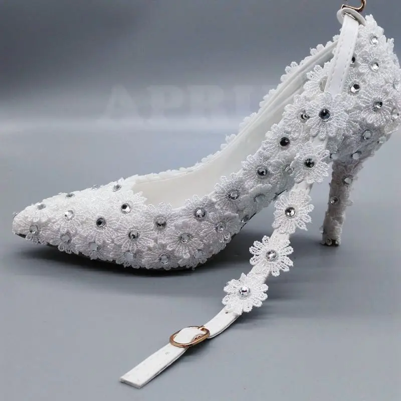 

Sexy full lace white wedding pumps shoes bride point toes 9cm thin heels bridal brides silver crystal ankle strap wedding shoe