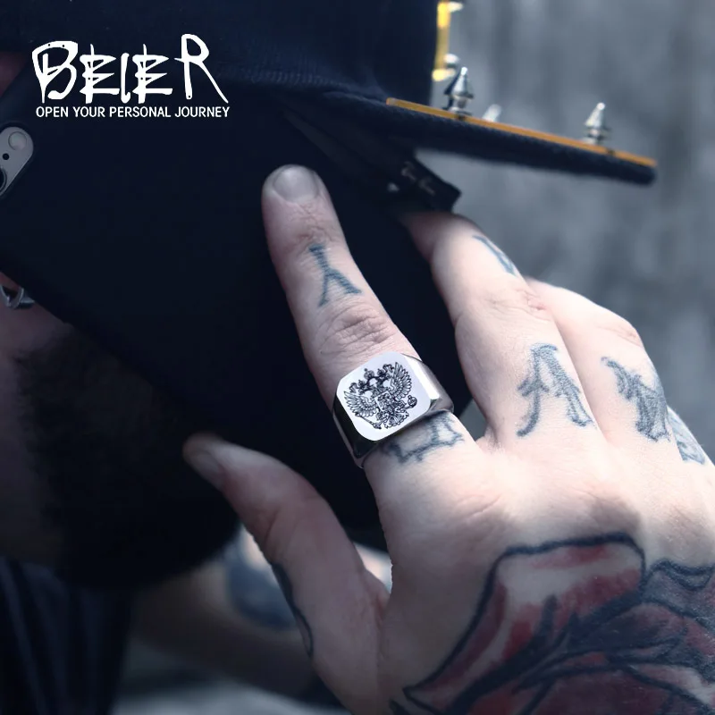 Мужское кольцо с надписью Beier из полированной нержавеющей стали гербом России