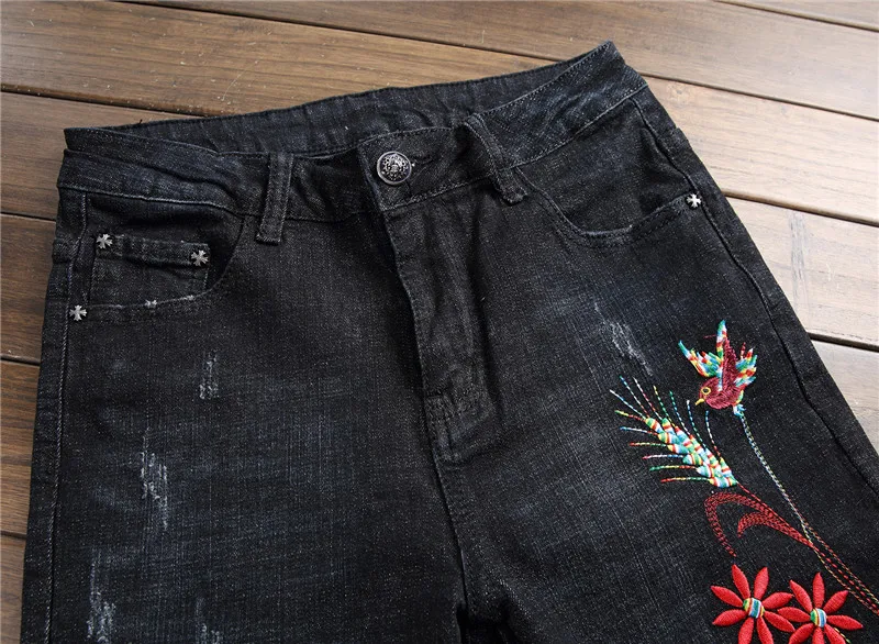New Fashion Brand Flower And Bird Embroidered Jeans Men's Scratched Patches Skinny Pants Elastic Black Denim crop jeans #15011 | Мужская