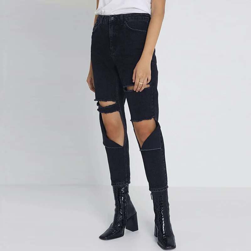 Женские рваные джинсы с высокой талией штаны повседневные джинсовые брюки для