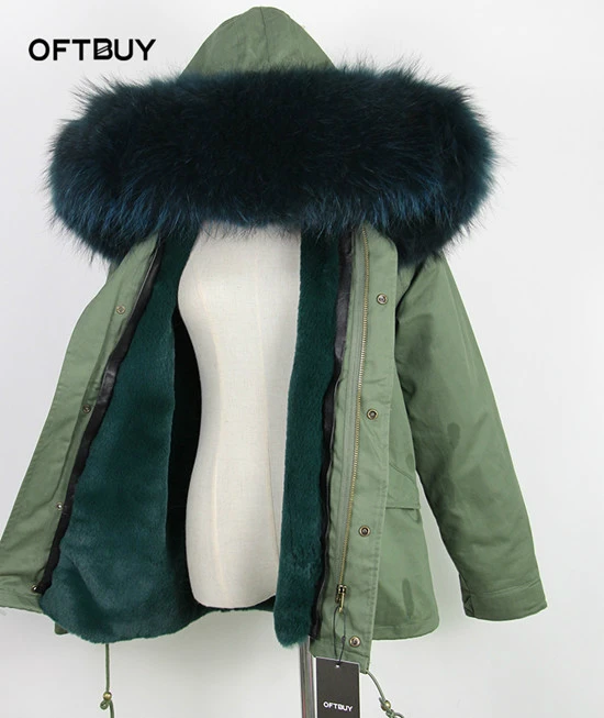 green OFTBUY, новинка, винно-красный, большой мех енота, капюшон, зимняя куртка, Женская парка, натуральный мех, пальто для женщин, толстая мягкая подкладка - Цвет: green