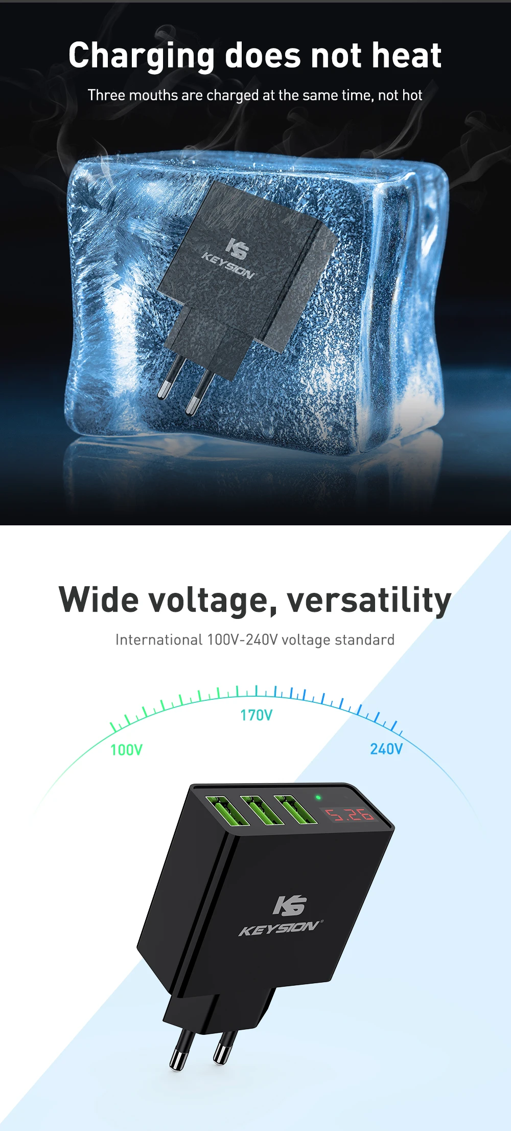 KEYSION светодиодный цифровой 3 порта USB зарядное устройство универсальное настенное зарядное устройство для мобильного телефона для iPhone XS MAX XR X 8 7 для samsung S8 S9 адаптер