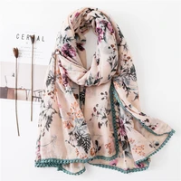 hot women floral print head scarf viscose hijab large size ball tassel thin shawl scarf blanket wrap