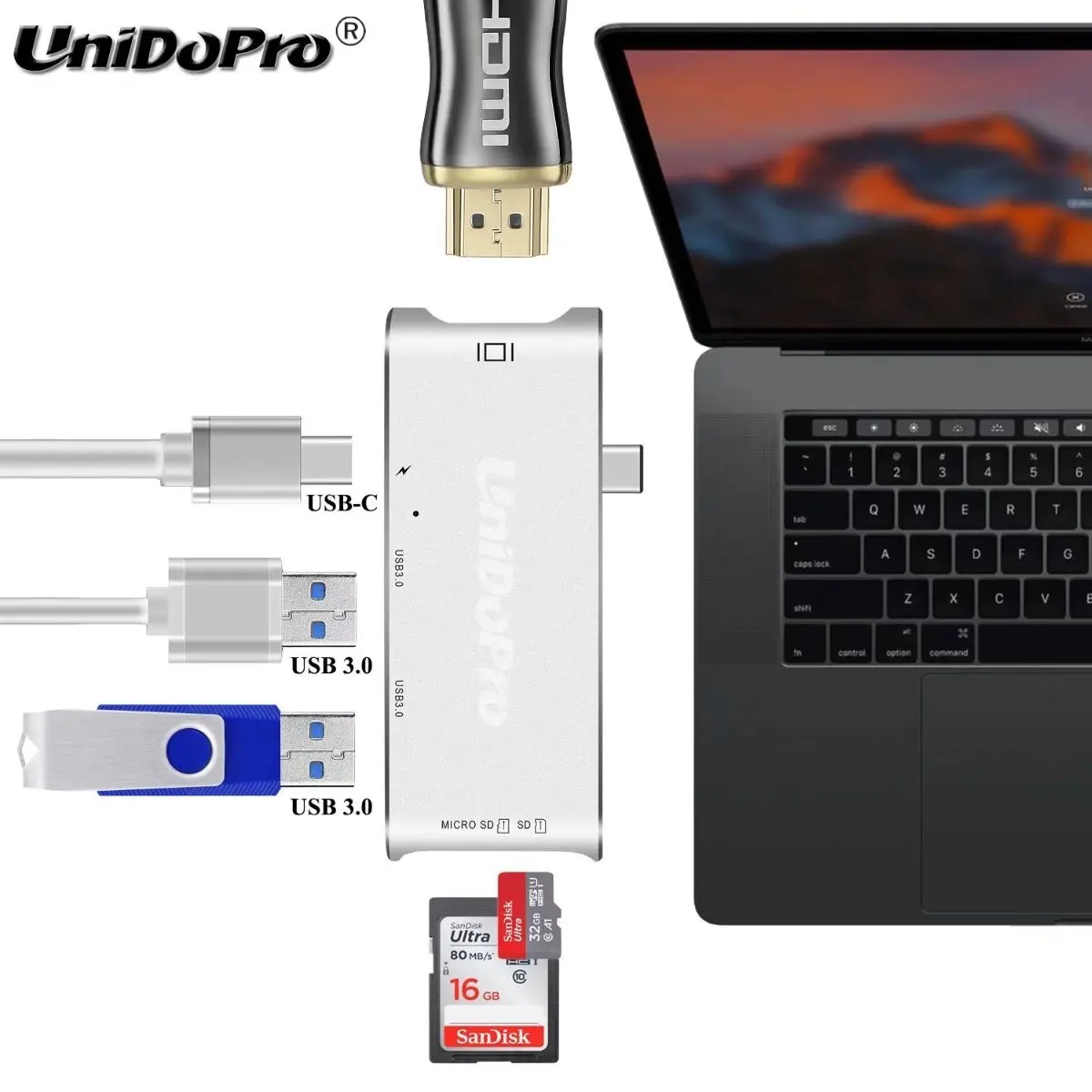 USB C Адаптер Hub с HDMI 4K + 2 портовый 3 0 и кардридер SD для Samsung /Google /Acer /HP /Dell /ASUS /Lenovo /Msi