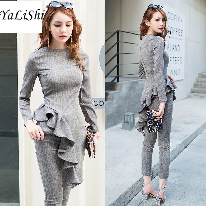 Осень 2019 повседневные офисные женские серые костюмы модные топы с длинным