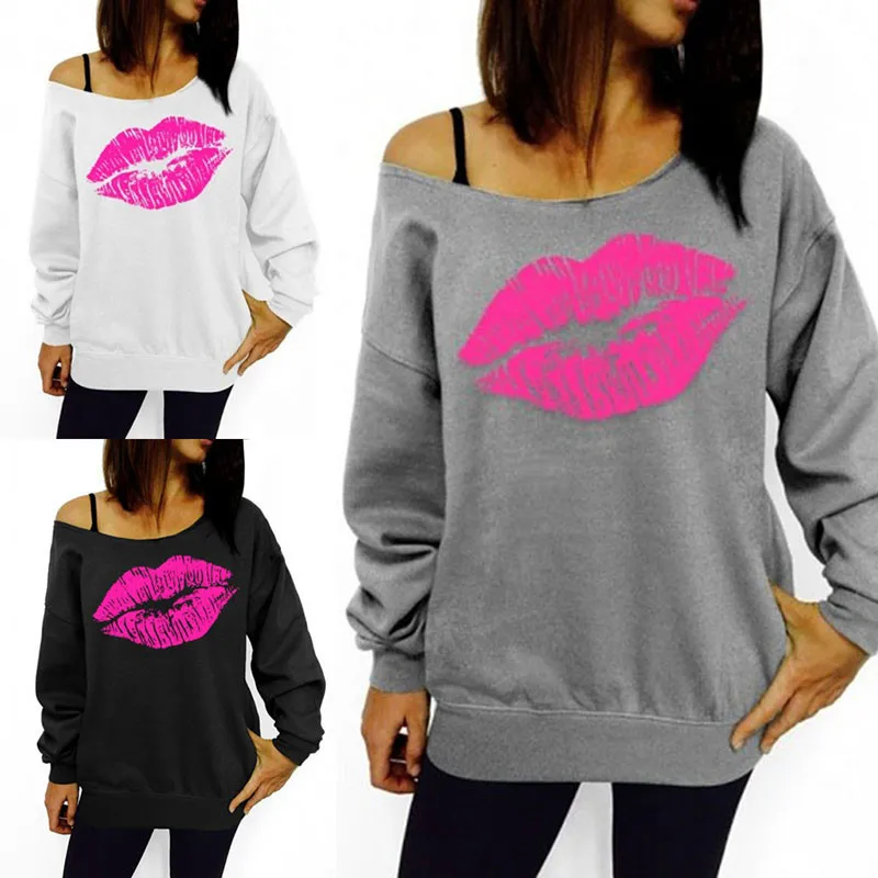 

Long Sleeve Loose Woman T-Shirt Crew NeckSexy Off-Shoulder Autumn Long Sleeve Top Lips Printing T-Shirt for Women