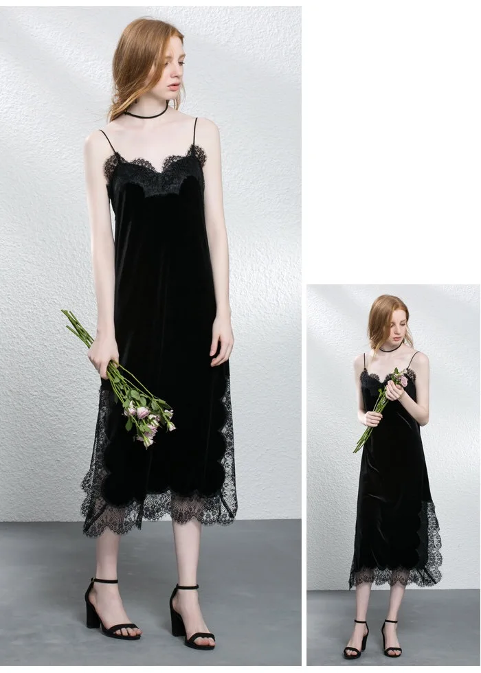 Винтаж Для женщин кружевное платье с v-образным вырезом Бархатное на бретельках