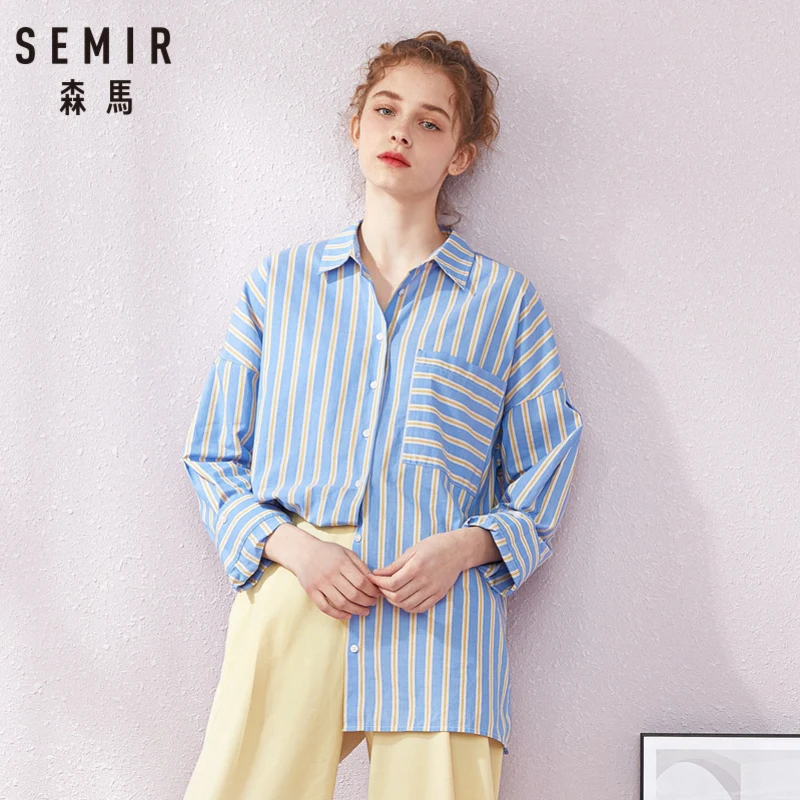 SEMIR Женская длинная рубашка из 100% хлопка в полоску с спущенными плечами для