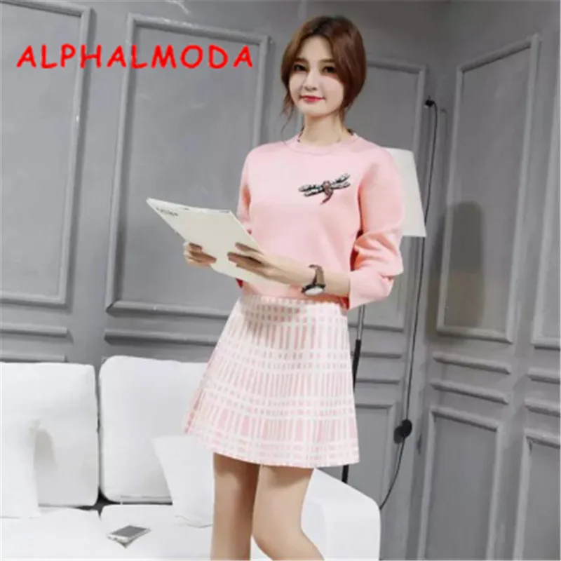 Женский вязаный костюм ALPHALMODA свитер с длинными рукавами и юбка в виде стрекозы со