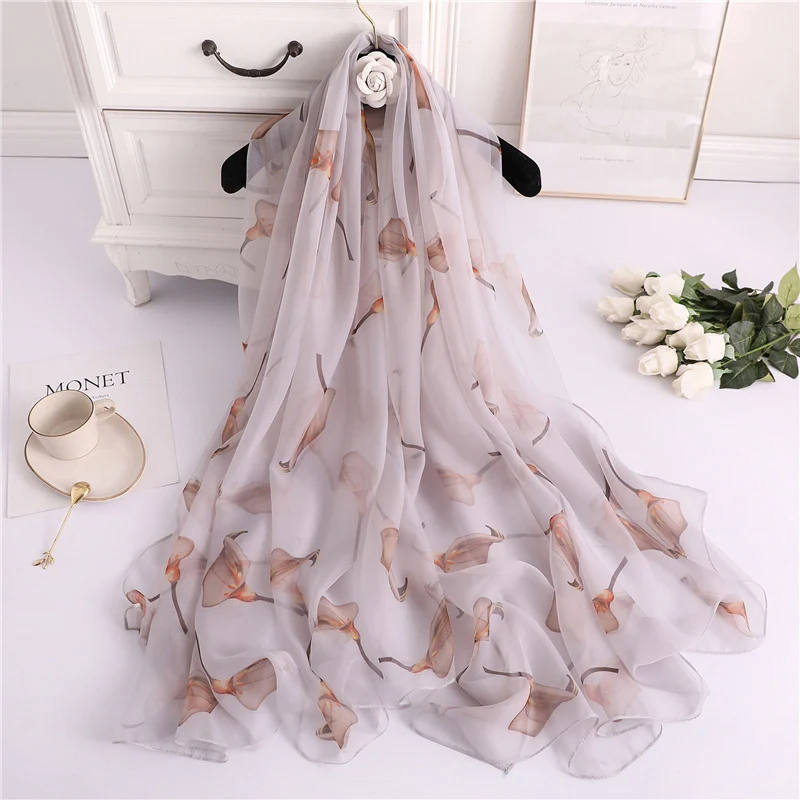 Новый женский шарф с принтом лилии модный элегантный шелковый летний