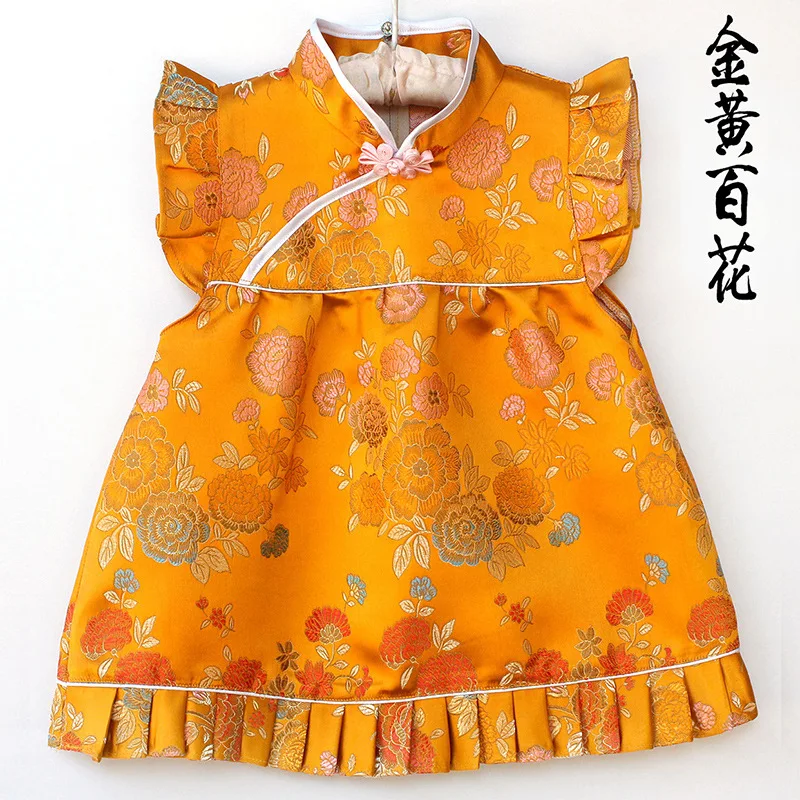 Gold Girls QIPAO Sets 2020 Summer Baby Girls Clothes Set Children Clothing Top Quality 0 1 2 3 4 Years Rose Flower Girl Dress images - 6
