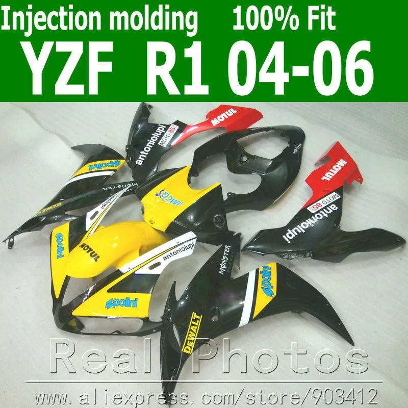 100% литья под давлением комплект обтекателей для YAMAHA R1 2004 2005 2006 желтый черный 04 05 06