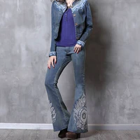 free shipping 2021 new vintage long pants women embroidery flower trousers s l denim jeans spring and summer blue flare pants