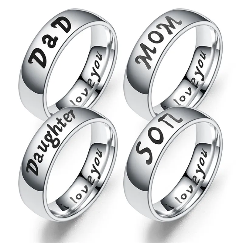 

Pinksee New Simple Trendy Titanium Steel Mom Dad Son Daughter Ring "i Love You" Finger Rings for Women Men Jewelry Creative Gift